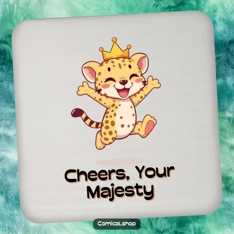 Funny cheetah cub coasters showing a crowned cub in a joyful leap, adding regal fun.