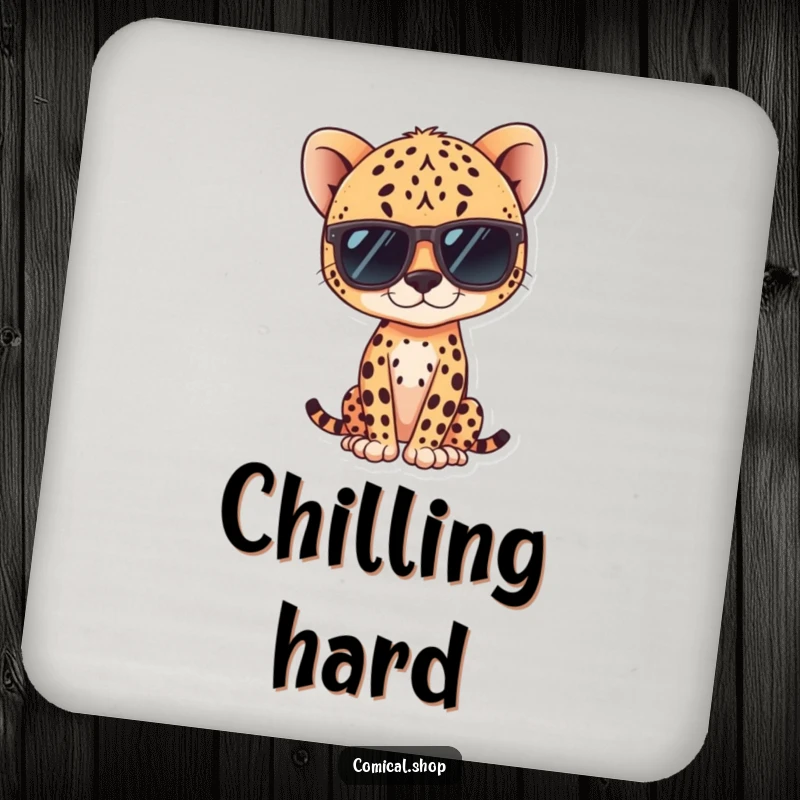Funny kawaii cheetah wearing sunglasses, posing coolly on a coaster, perfect for surface protection.