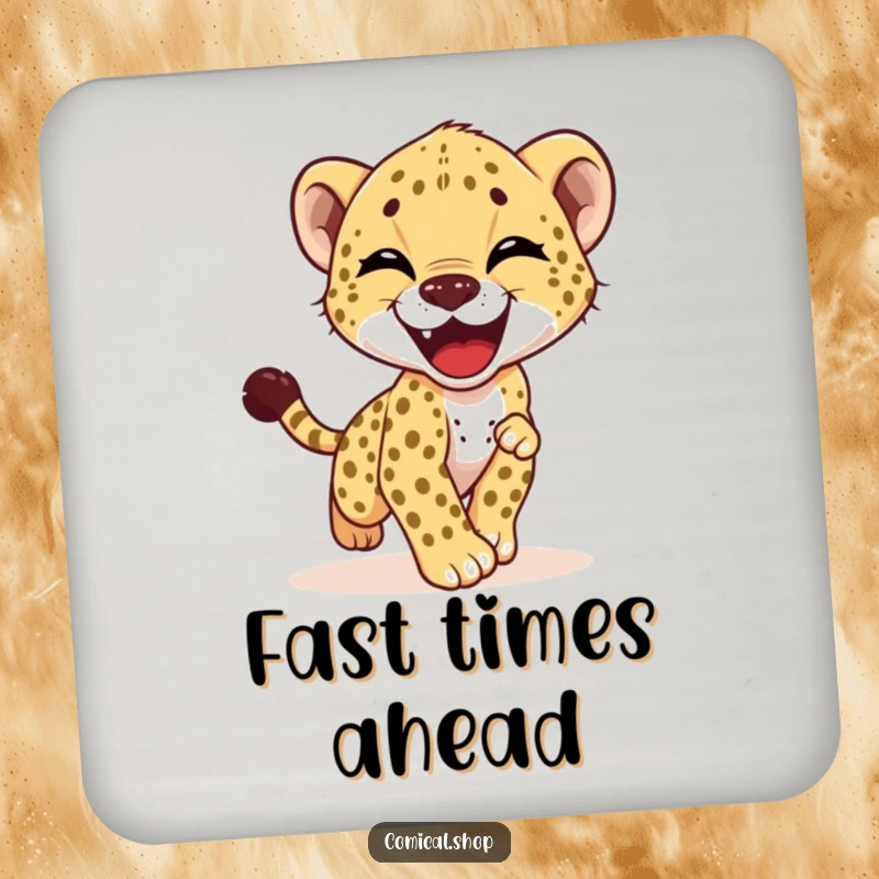 Funny drink coaster displaying a cheetah cub gleefully chasing its tail, ideal for protecting surfaces with a dose of humor.