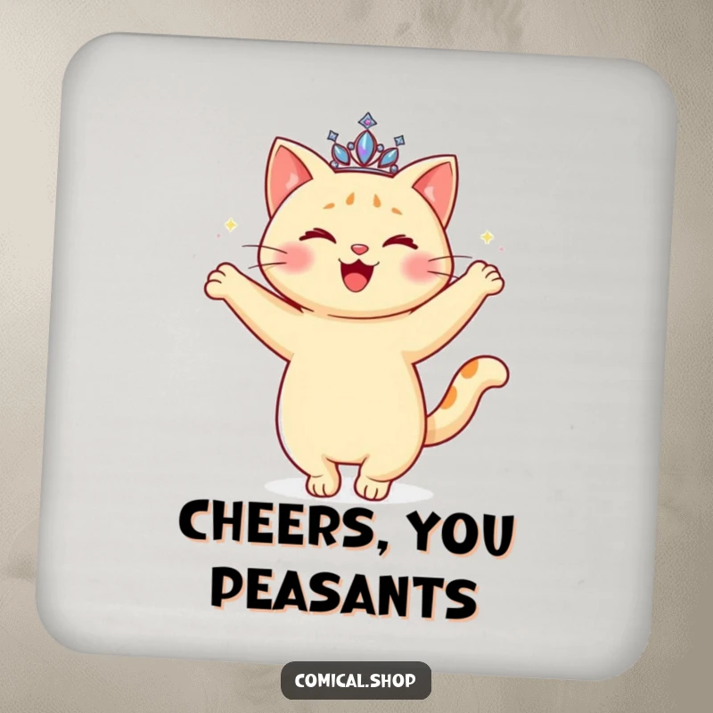 Funny Cat Tiara Coaster featuring a happy cat with a sparkling tiara, doing a graceful twirl, protecting tables.