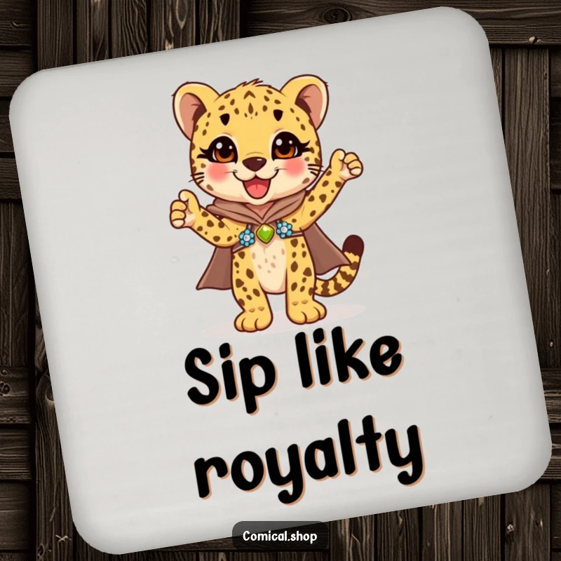 Funny cheetah cub in a glittering sequined cape striking a triumphant pose, these drink coasters are a heroic gift.