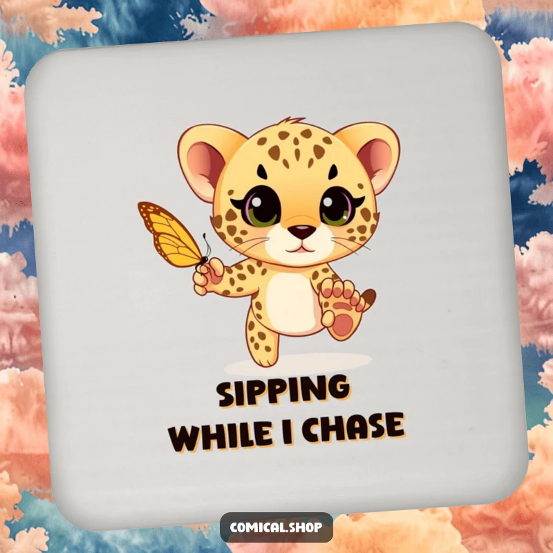 Funny cheetah cub playfully chasing a butterfly with wide eyes, a humorous and protective drink coaster set for any surface.