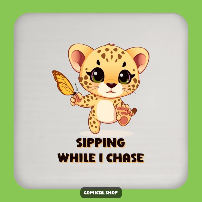 Funny Cheetah Cub Chase Coasters: Protect Surfaces with Playful Charm