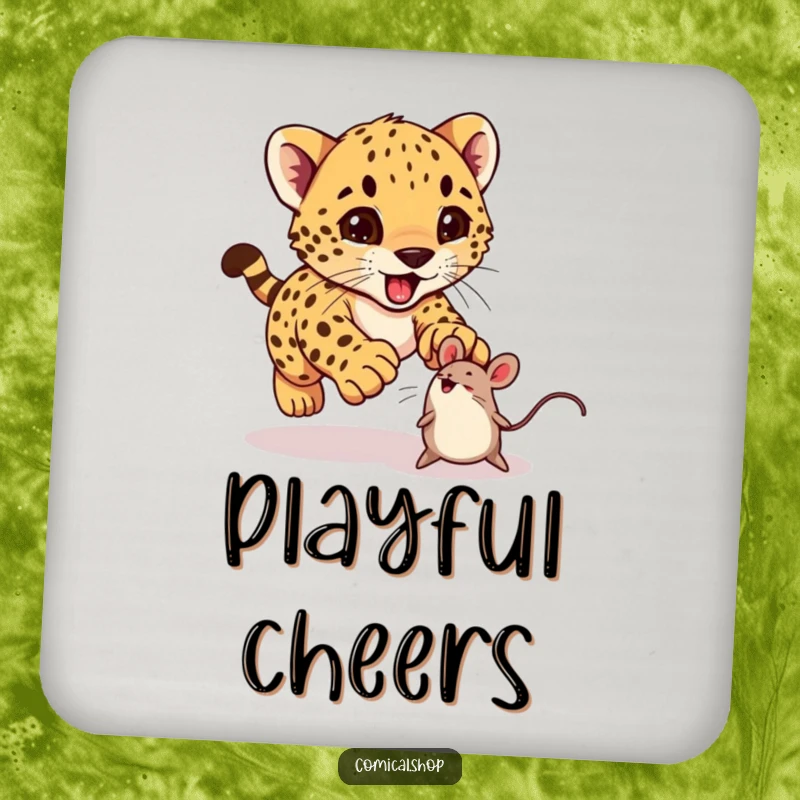 Funny cheetah cub excitedly pouncing on a bouncing toy mouse on a coaster, perfect for surface protection.