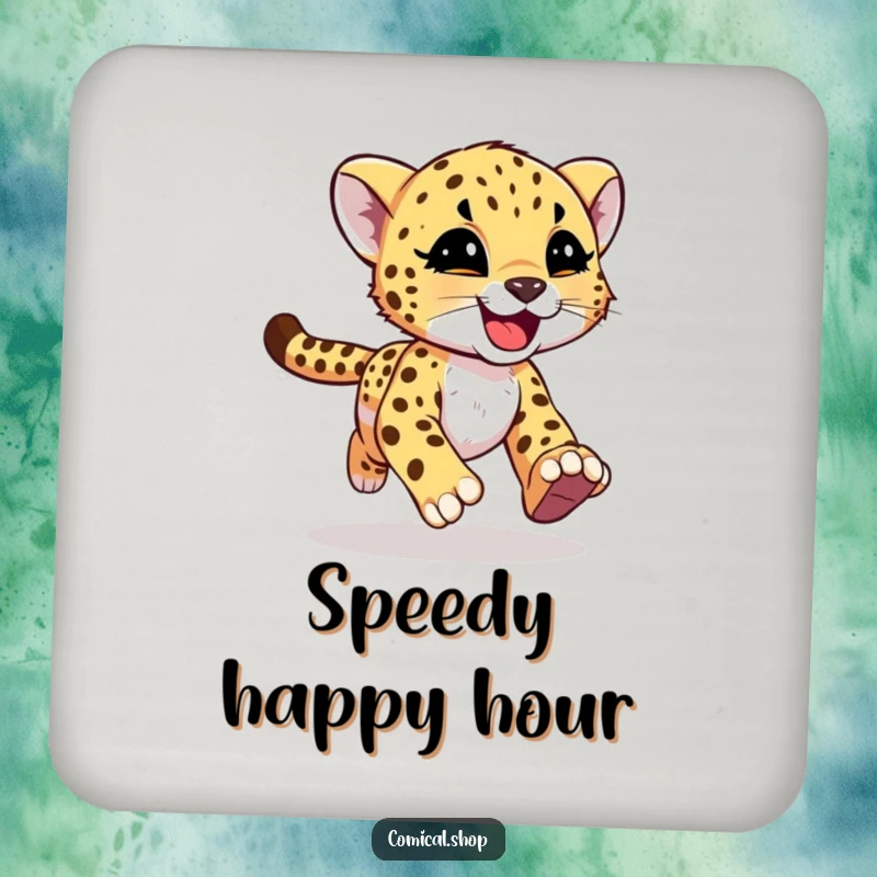 Funny cheetah cub with joyful motion streaks on a drink coaster, showcasing speed for screen readers.