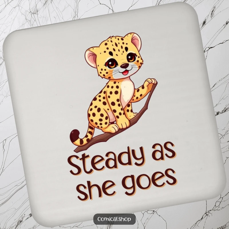 Funny Cheetah Cub Drink Coaster: Adorable spotted cub balances artfully on a thin branch, adding humor to your table.