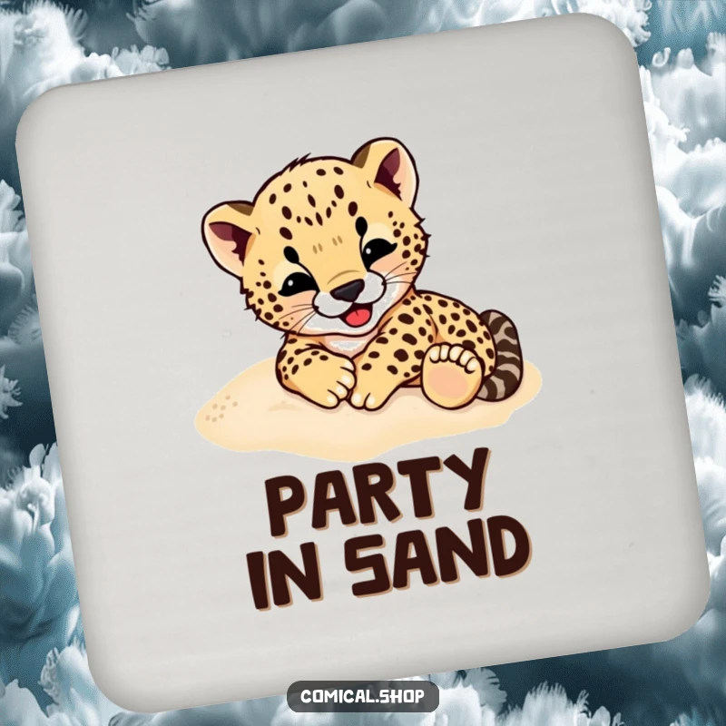 Funny Cheetah Cub Drink Coaster: A cute coaster featuring a cheetah cub gleefully rolling around in soft sand.