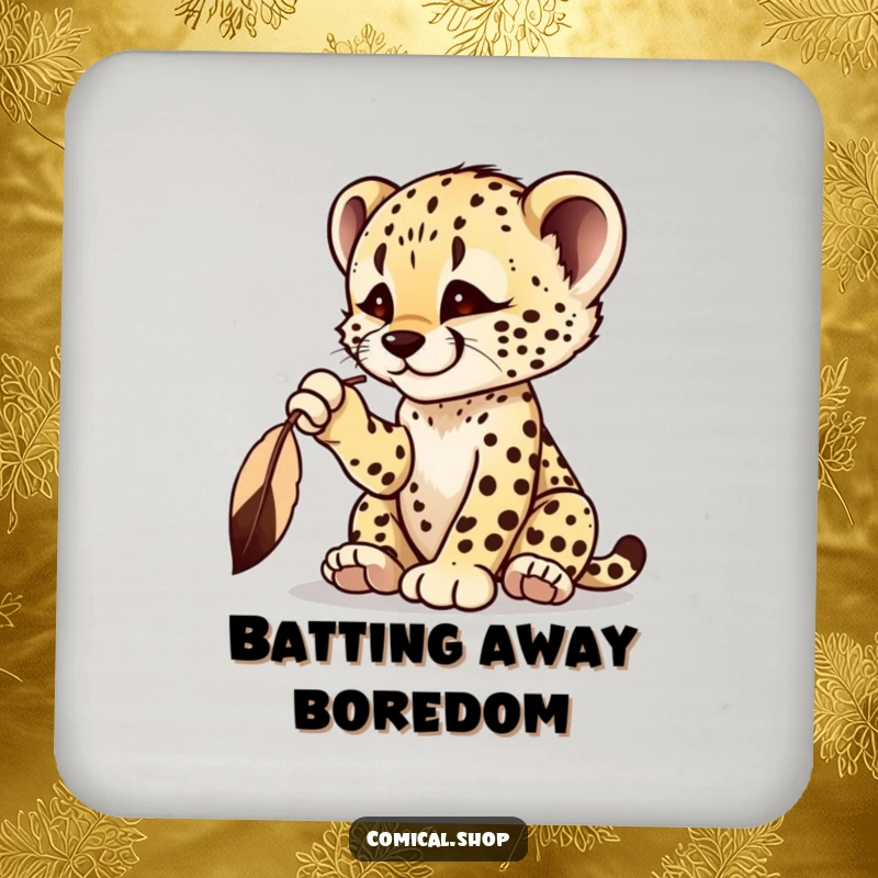 Funny cheetah cub coasters showing a playful cub batting at a dangling feather, adding playful fun.