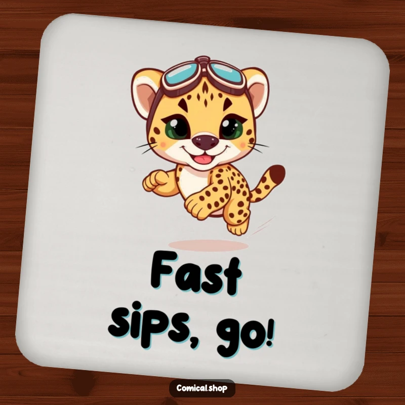Funny cheetah cub racing coaster, protecting surfaces with a speedy and humorous cheetah design.