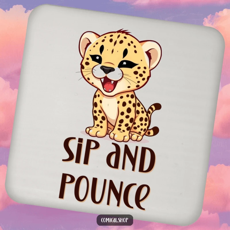 Funny drink coaster featuring a cheetah cub practicing its roar with a tiny, fierce expression, adding humorous ferocity.
