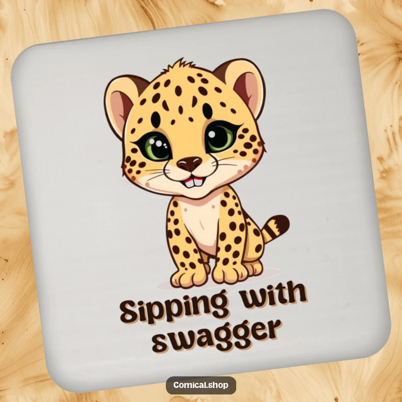 Funny cheetah cub striking a sleek, stylish pose with a confident grin, a humorous and protective drink coaster set.