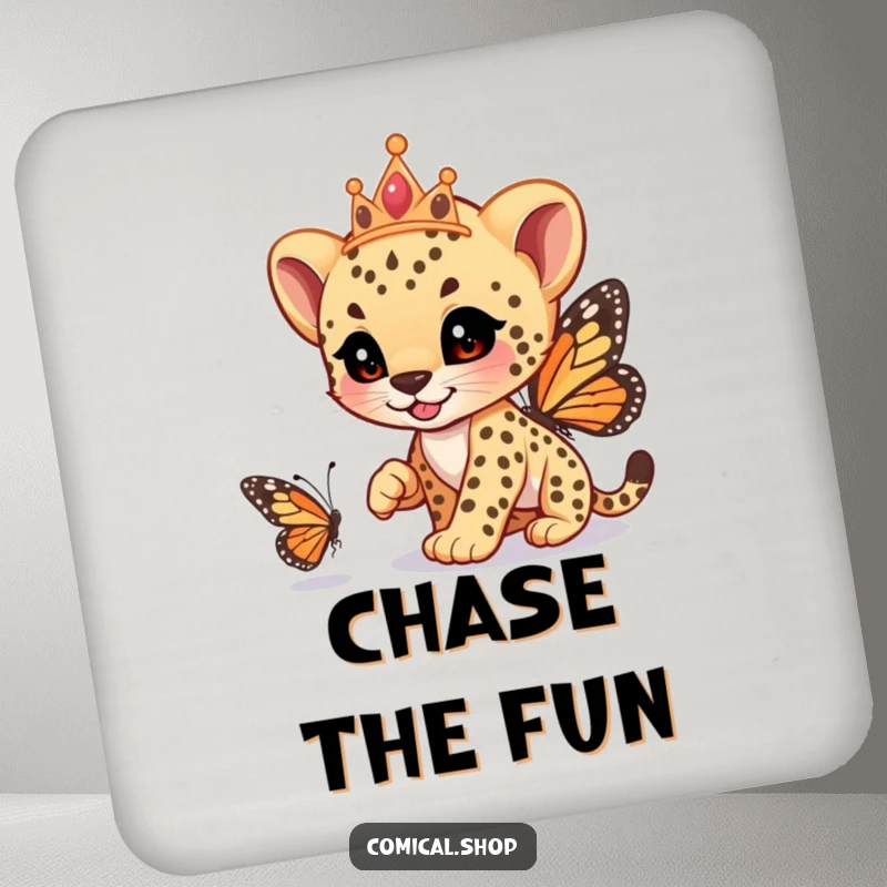 Funny cheetah cub wearing a tiara, playfully racing a butterfly, on a protective drink coaster, guarding tables with humor, a funny gift.