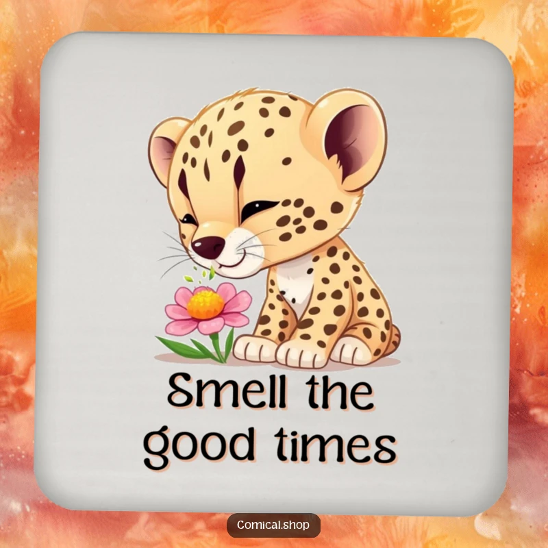 Funny cheetah cub wonder coaster, protecting surfaces with a gentle and humorous nature-inspired design.