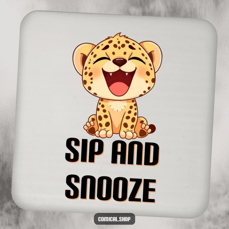 Funny drink coaster showcasing a cheetah cub's giant, happy yawn, bringing a relaxed and humorous vibe to any surface.