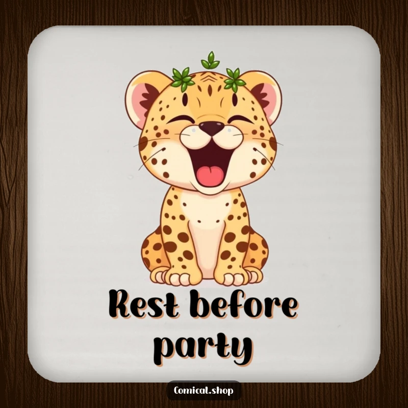 Funny Cheetah Cub Drink Coaster: A tiny crowned cheetah cub yawns broadly, adding sleepy victory and humor to your table.