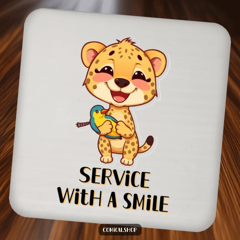 Funny cheetah drink coaster with a smiling cheetah carrying a small, colorful bird, a humorous addition to any table setting.