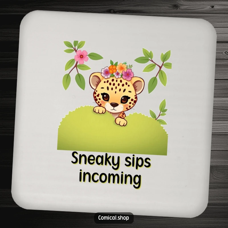 Funny mischievous cheetah cub with a floral crown peeking, these coasters offer playful protection and charm.