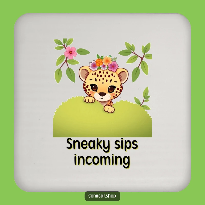 Funny Mischievous Cheetah Cub Floral Coaster Set: Playful Protection Gift