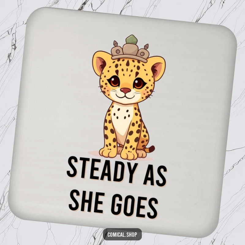 Funny proud cheetah cub wearing a stone crown, standing tall, these coasters offer regal protection.