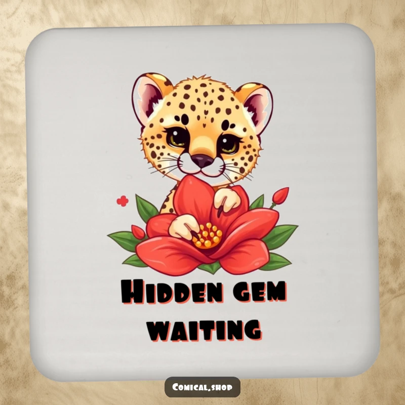 Funny drink coasters depicting a cheetah cub playfully peeking from behind a red flower, adding cute humor to drink settings.