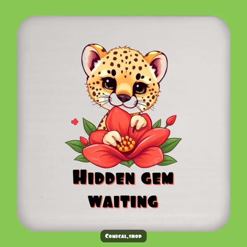 Funny Cheetah Cub Flower Peek Coaster Set - Cute Protection, Great Gift