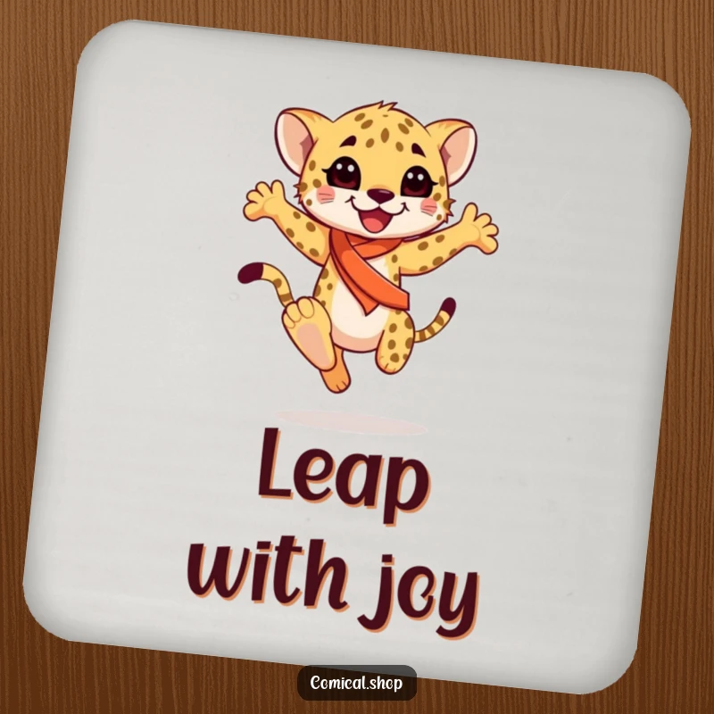 Funny happy cheetah cub wearing a sash, mid-graceful leap, on a protective drink coaster, guarding tables with elegance, a funny gift.