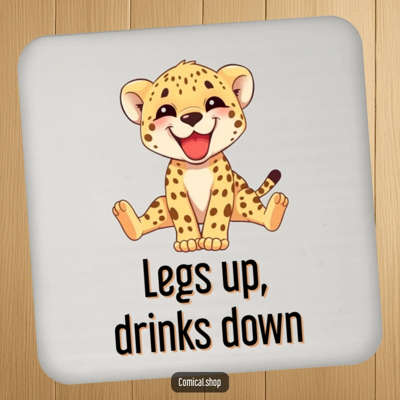 Funny cheetah cub drink coaster with a grinning cub stretching its long legs, protecting surfaces with style. A cute gift.