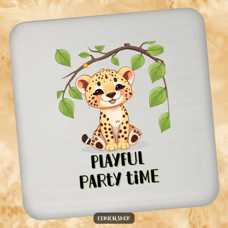 Funny cheetah cub drink coaster featuring a playful cub batting at a vine, perfect for adding jungle charm to any drink.