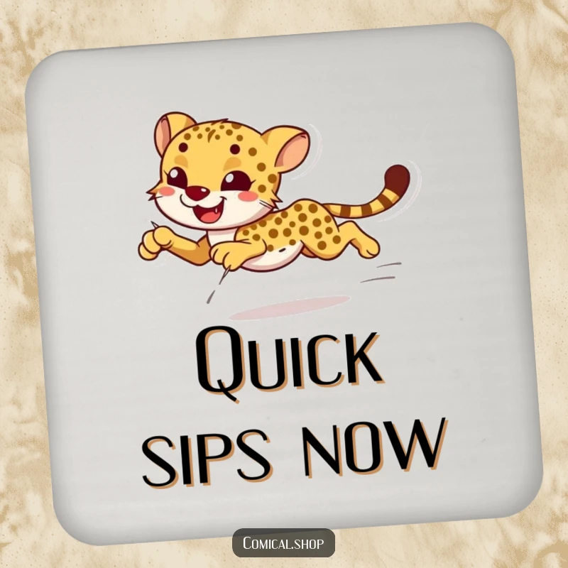 Funny smiling cheetah sprinting with effortless grace on a coaster, perfect for surface protection.