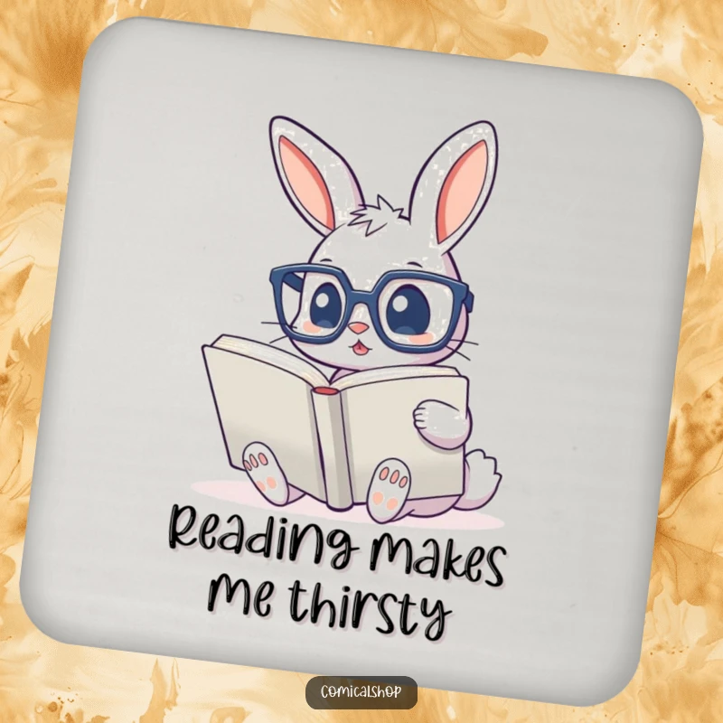 Funny drink coaster featuring a cute bunny with glasses, reading a giant book, protecting surfaces with intellectual charm.