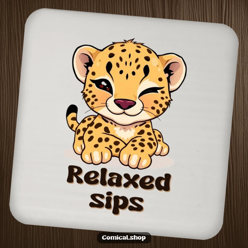 Funny cheetah cub drink coaster featuring a cool cub giving a wink while stretching, perfect for adding playful charm to any drink.