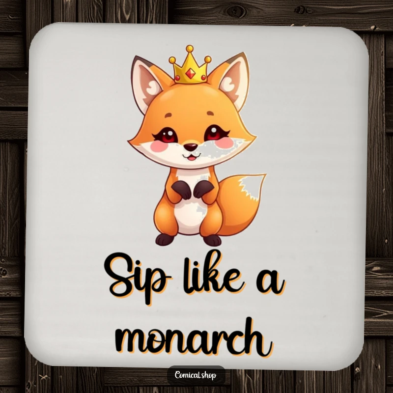 Funny Fox Crown Coaster featuring a cute fox wearing a tiny crown, striking a playful pose, protecting surfaces.