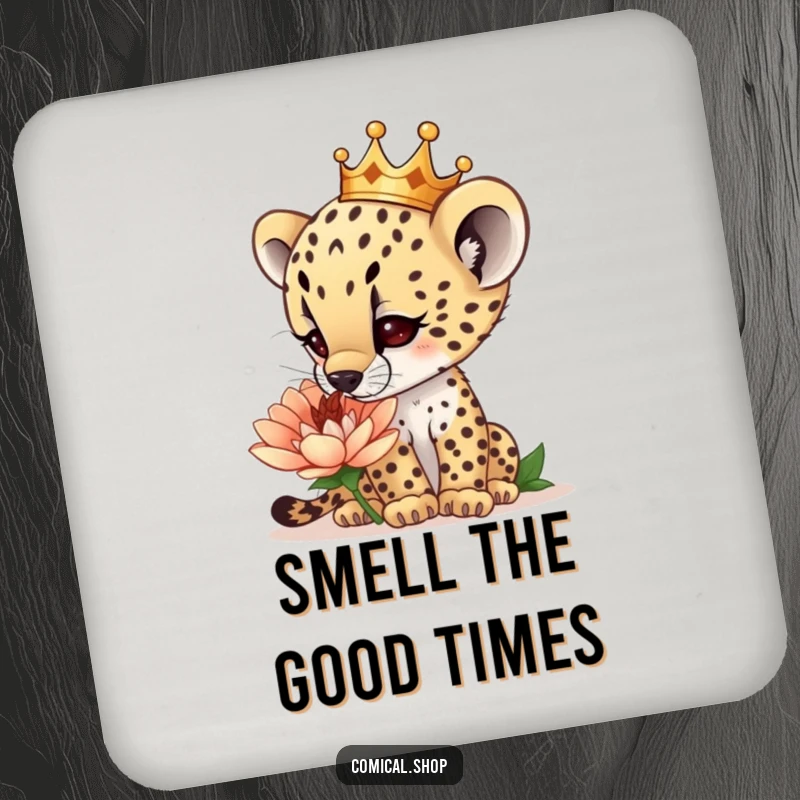 Funny curious cheetah cub wearing a tiny crown, sniffing a giant flower, on a protective drink coaster, guarding tables with curiosity, a funny gift.
