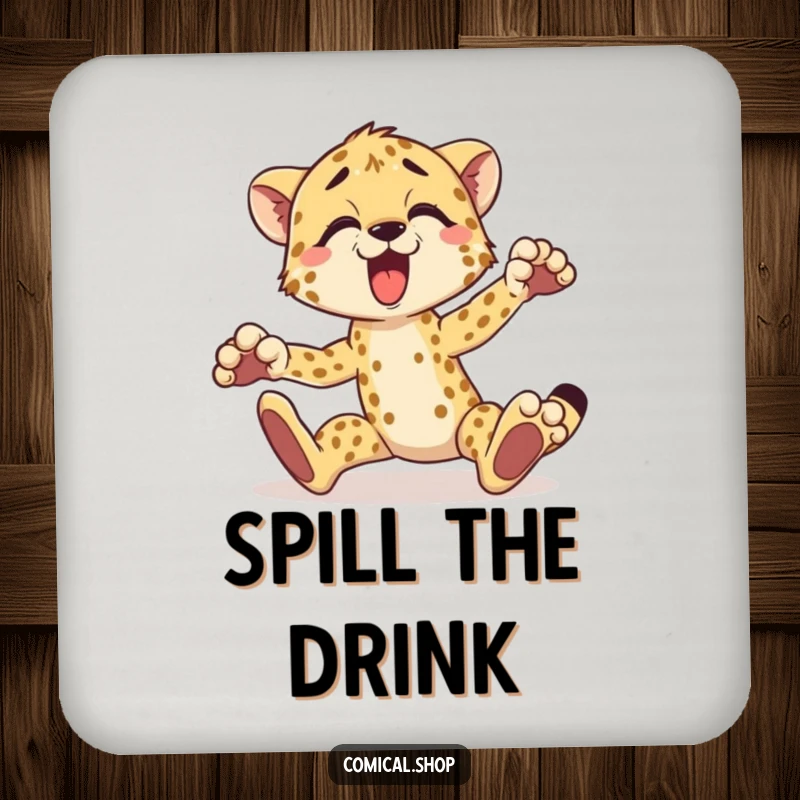 Funny cheetah coaster featuring a surprised cheetah tripping over its paws, protecting tables with humor.