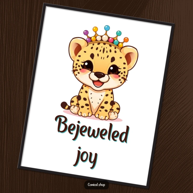 Funny giggling cheetah cub wearing a crown of colorful beads, as a colorful poster, spreading happiness, a great funny gift.