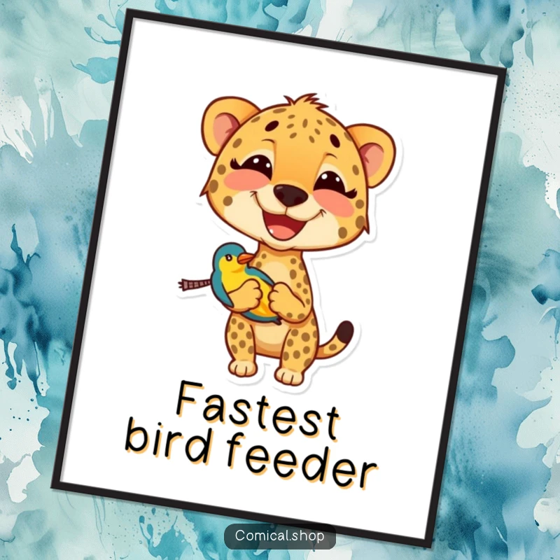 Funny cheetah poster showcasing a gleeful cheetah gently holding a small, colorful bird, a charming piece of humorous wildlife art.