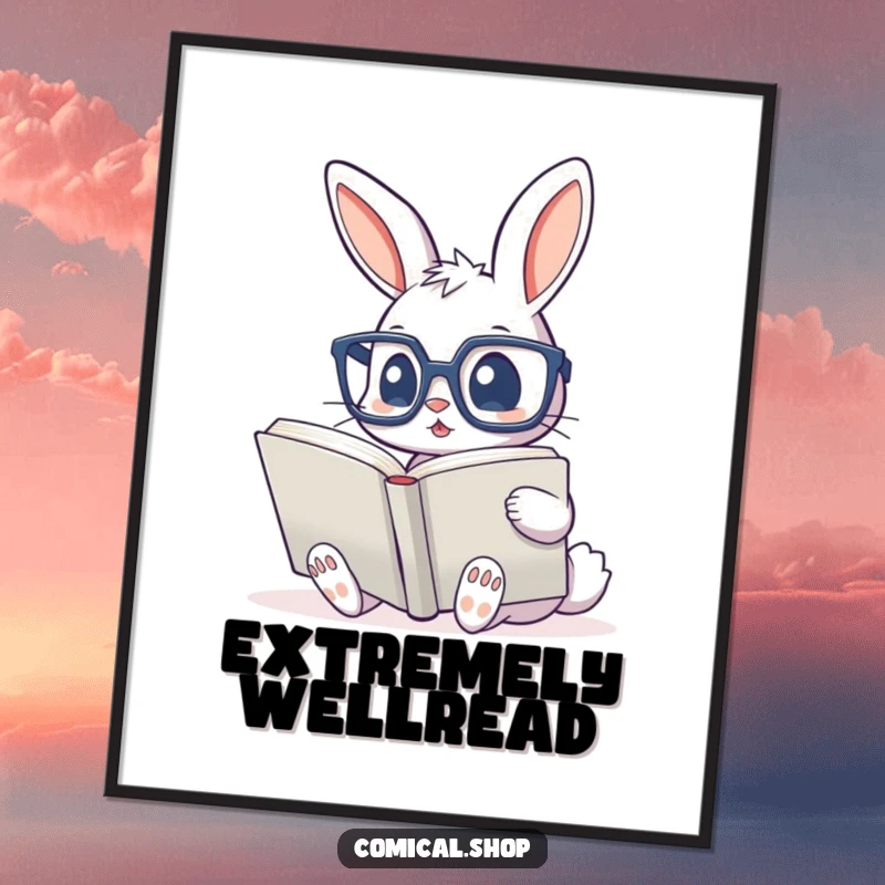 Funny poster showcasing a cute bunny wearing large glasses, captivated by a giant book, ideal for adding whimsical decor.