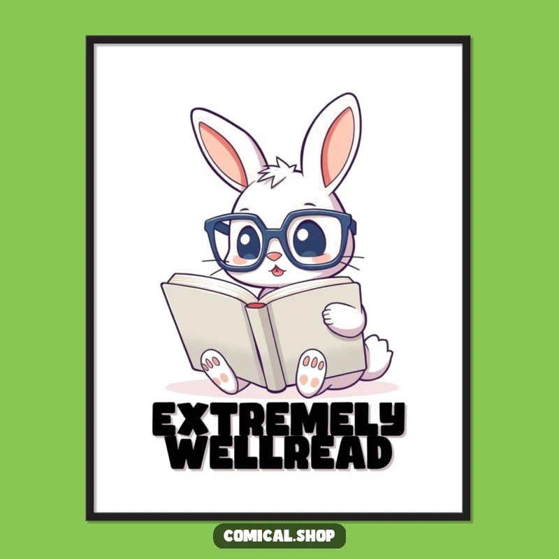 Funny Bunny Reading Poster - Cute Glasses Bookworm Wall Art, Whimsical Funny Gift