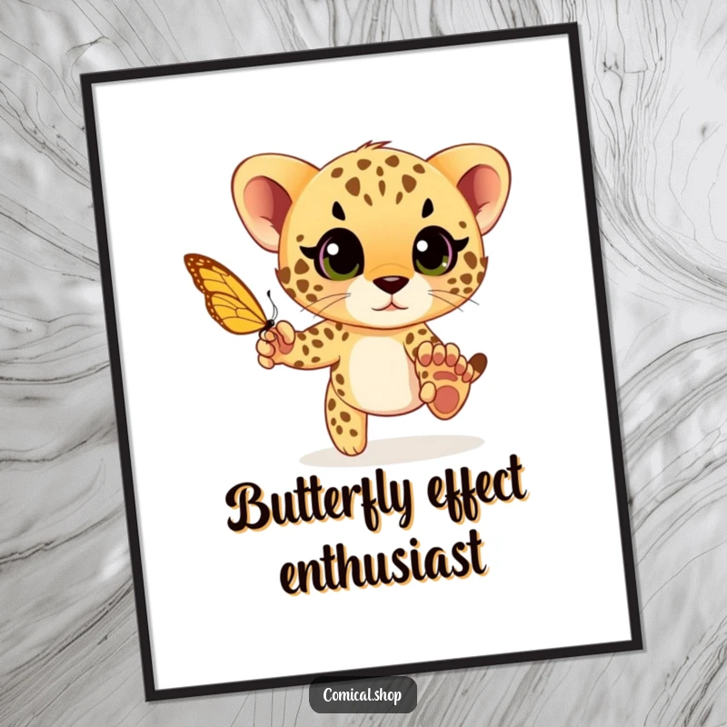 Funny cheetah cub playfully chasing a butterfly with wide eyes, a whimsical and joyful wall art poster for animal lovers.