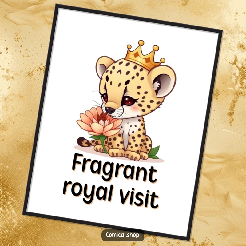 Funny curious cheetah cub wearing a tiny crown, sniffing a giant flower, as a colorful poster, celebrating nature, a great funny gift.