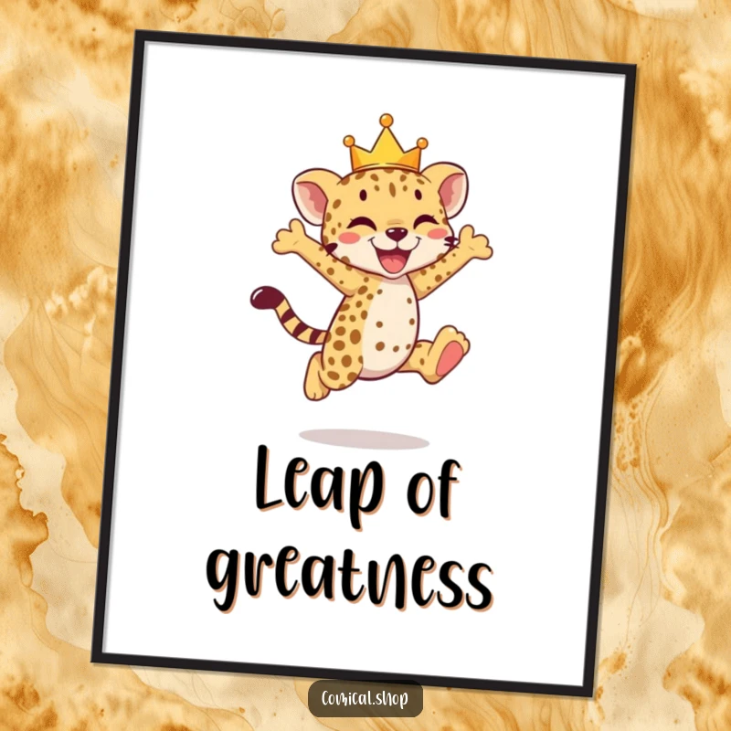 Funny cheetah cub poster depicting a crowned cub mid-joyful leap, full of exuberance.