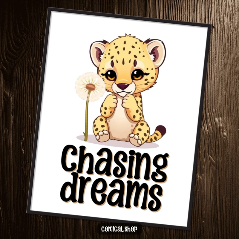 Funny poster art of a cheetah cub playfully batting at a fluffy dandelion, creating a heartwarming and humorous scene.