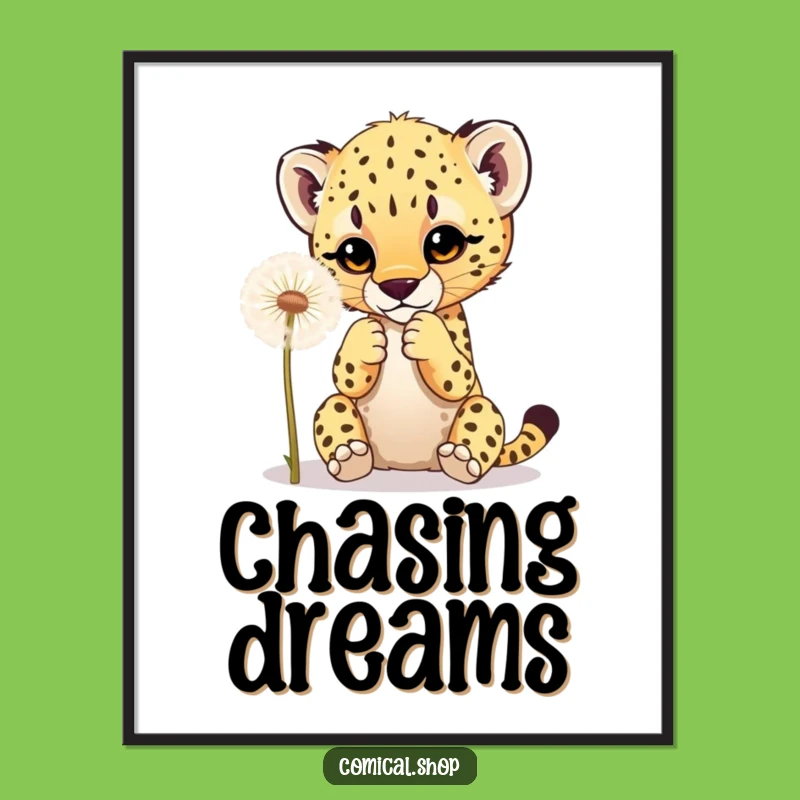 Funny Cheetah Cub Dandelion Poster: Playful Cub Animal Art