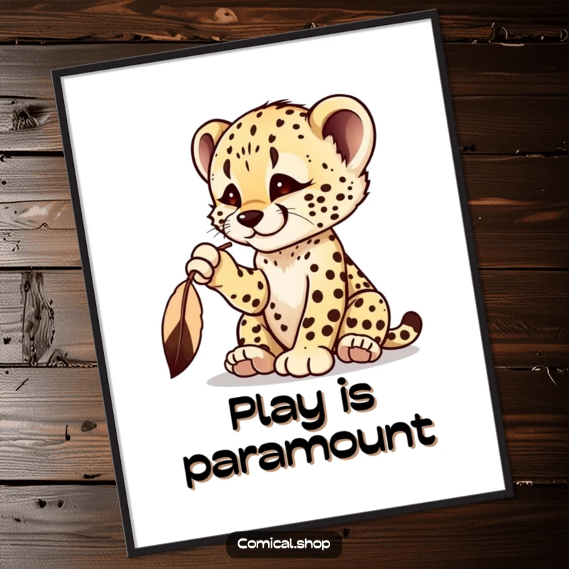 Funny cheetah cub poster depicting a playful cub batting at a dangling feather with intense focus.