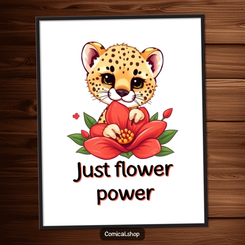 Funny poster of a cheetah cub playfully peeking from behind a vibrant red flower, capturing a moment of innocent curiosity.