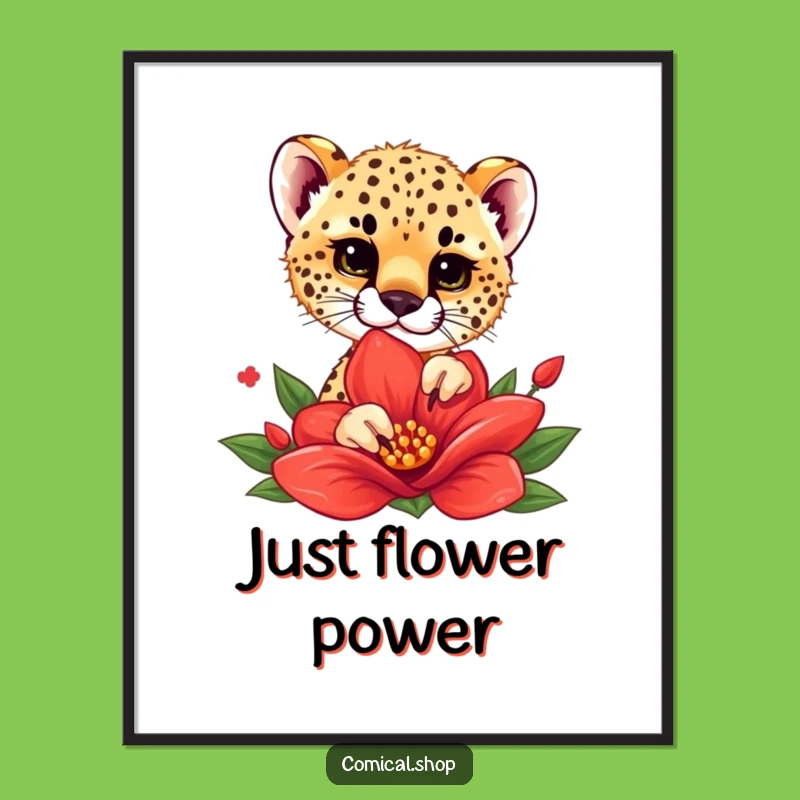 Funny Cheetah Cub Flower Peek Poster - Adorable Art, Hilarious Gift