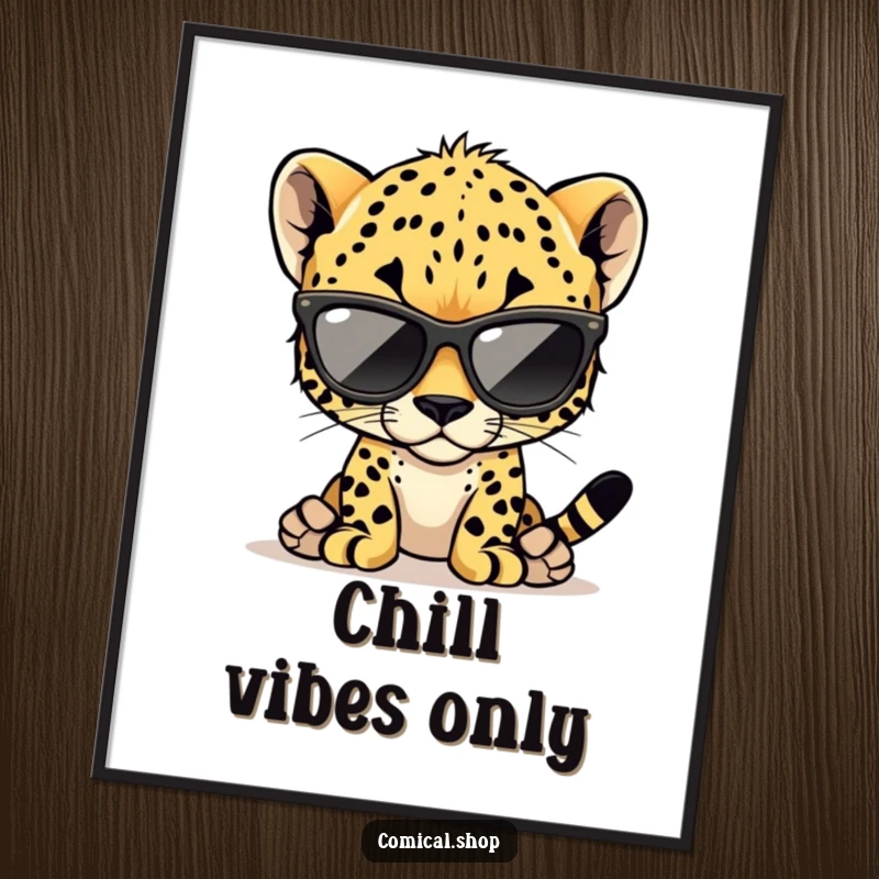 Funny cheetah cub poster of a stylish cub wearing oversized sunglasses, wall art for modern decor.