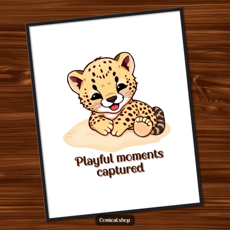 Funny Cheetah Cub Poster: A vibrant print of a cheetah cub gleefully rolling in soft sand, capturing pure playful energy.