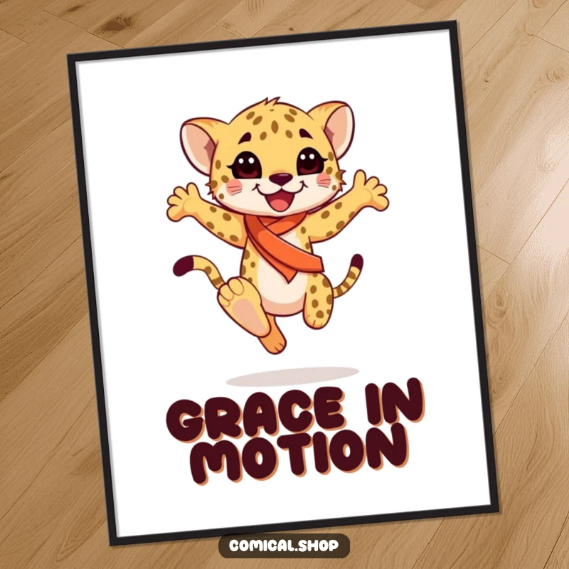 Funny happy cheetah cub wearing a sash, captured mid-graceful leap, as a colorful poster, inspiring joy, a great funny gift.