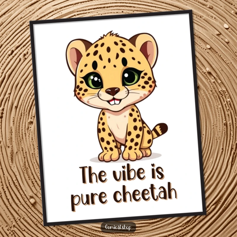 Funny cheetah cub striking a sleek, stylish pose with a confident grin, a fashionable and humorous wall art poster.